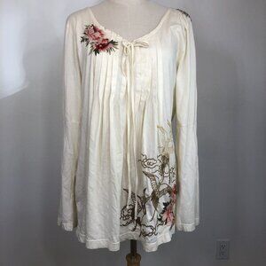 Johnny Was Los Angeles Women’s XL White Embroidered Long Sleeve Boho Bird Floral